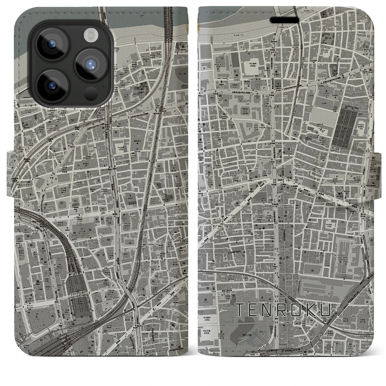 【天六(大阪府)】地図柄iPhoneケース(手帳タイプ)モノトーン・iPhone 15 Pro Max 用