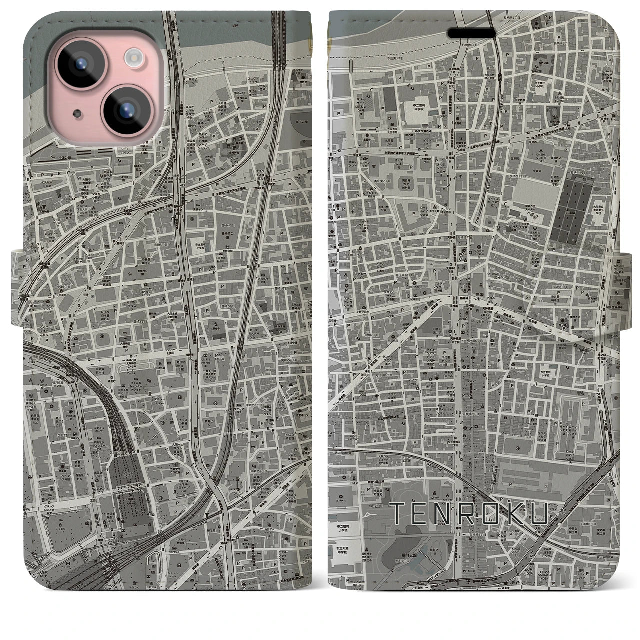 【天六(大阪府)】地図柄iPhoneケース(手帳タイプ)モノトーン・iPhone 15 Plus 用