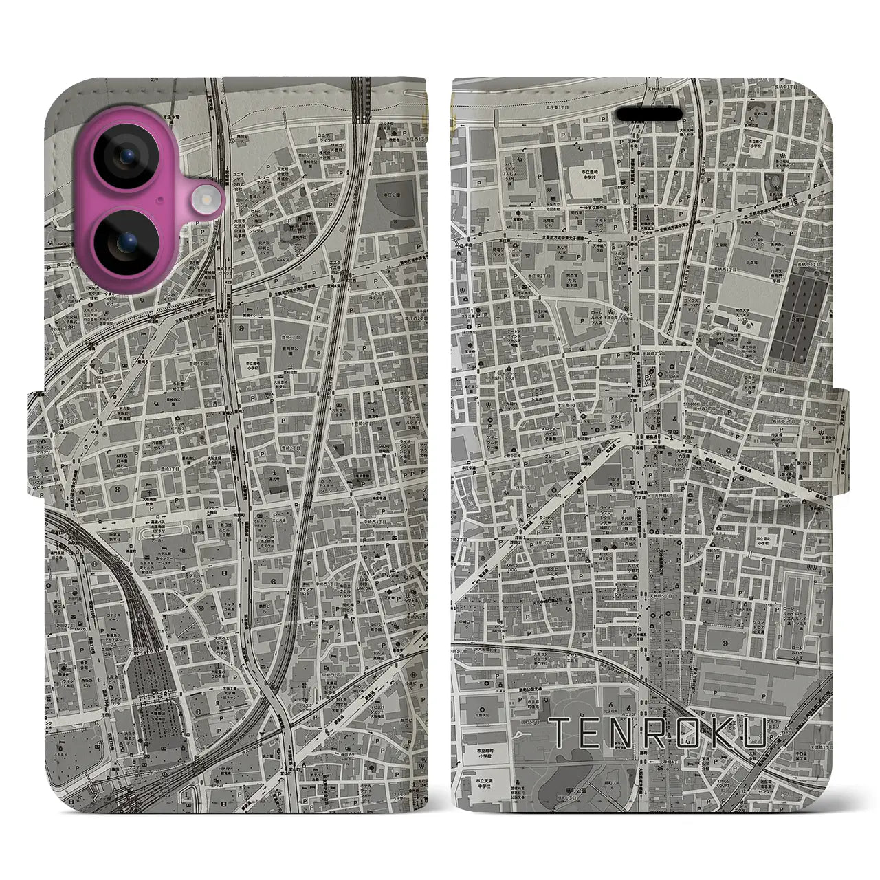 【天六(大阪府)】地図柄iPhoneケース(手帳タイプ)モノトーン・iPhone 16 Pro 用