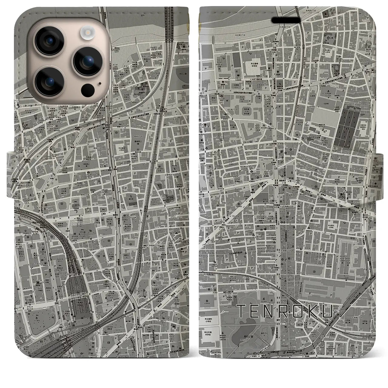 【天六(大阪府)】地図柄iPhoneケース(手帳タイプ)モノトーン・iPhone 16 Plus 用