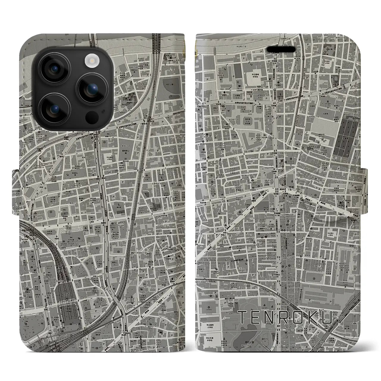 【天六(大阪府)】地図柄iPhoneケース(手帳タイプ)モノトーン・iPhone 16 用