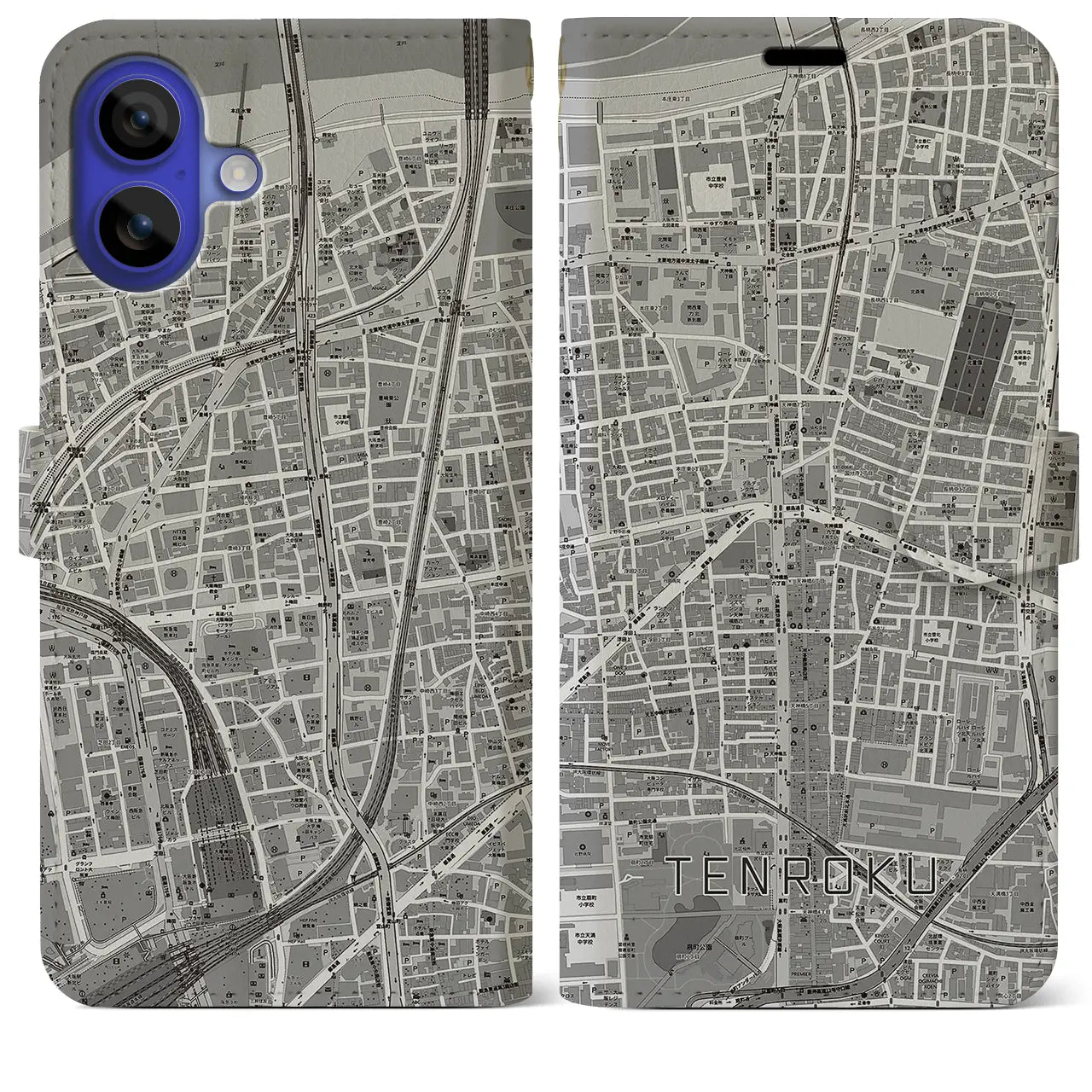 【天六(大阪府)】地図柄iPhoneケース(手帳タイプ)モノトーン・iPhone 16 Pro Max 用