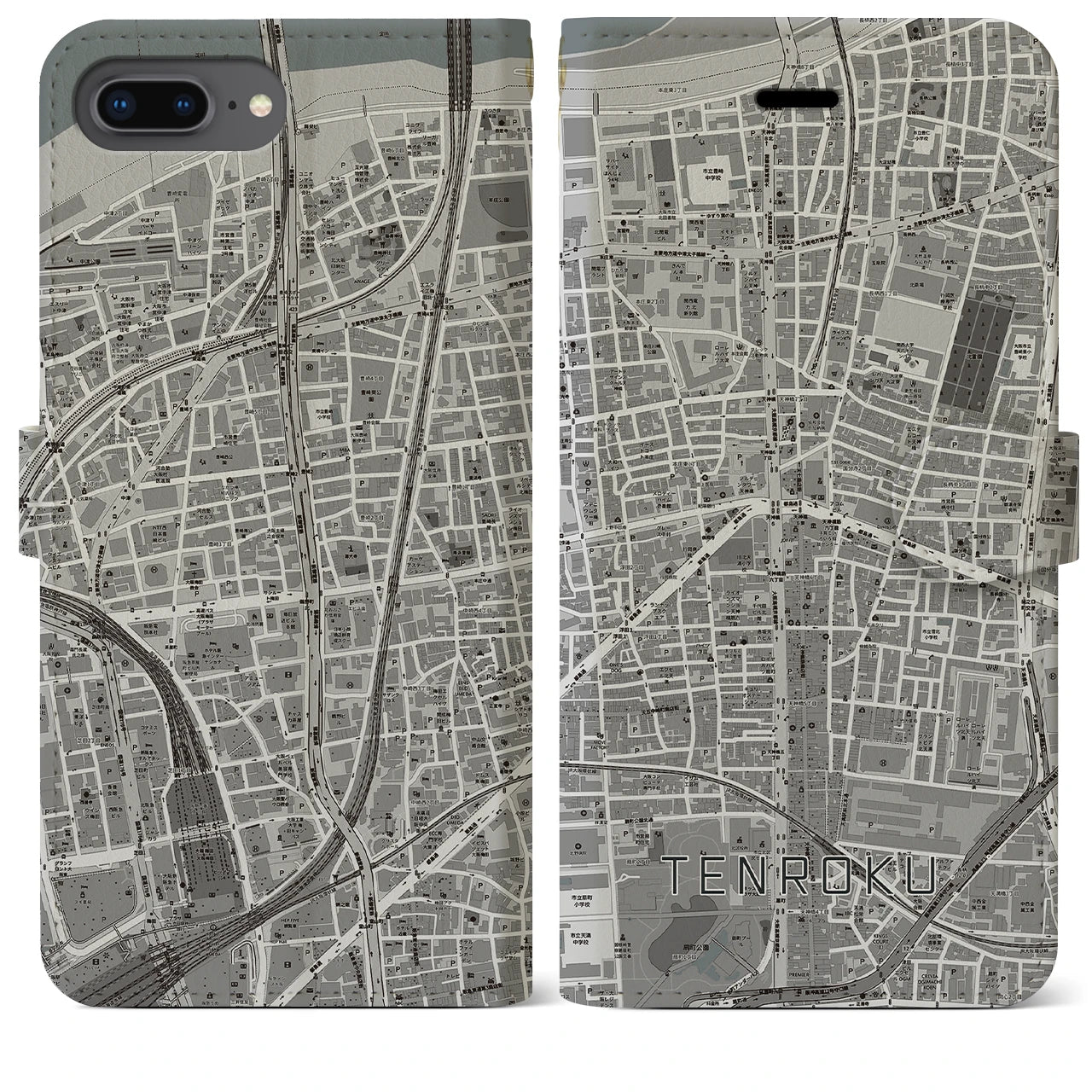 【天六(大阪府)】地図柄iPhoneケース(手帳タイプ)モノトーン・iPhone 8Plus /7Plus / 6sPlus / 6Plus 用