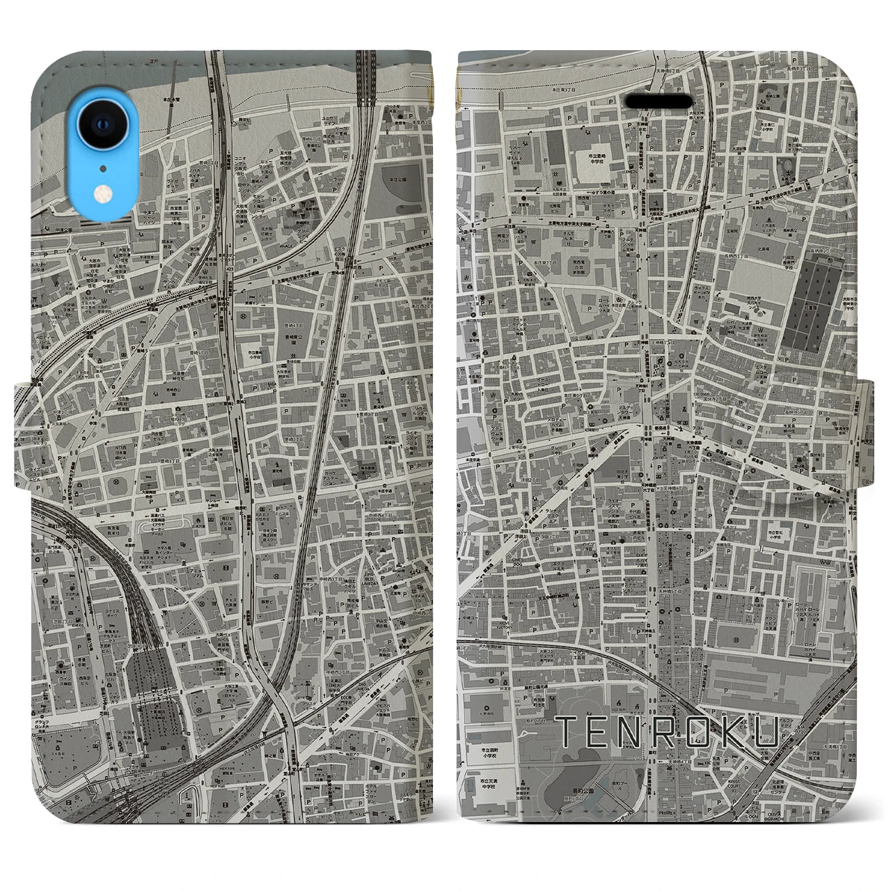 【天六(大阪府)】地図柄iPhoneケース(手帳タイプ)モノトーン・iPhone XR 用