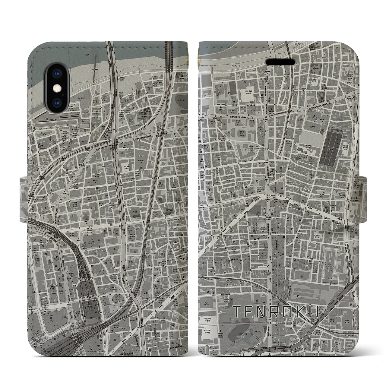 【天六(大阪府)】地図柄iPhoneケース(手帳タイプ)モノトーン・iPhone XS / X 用