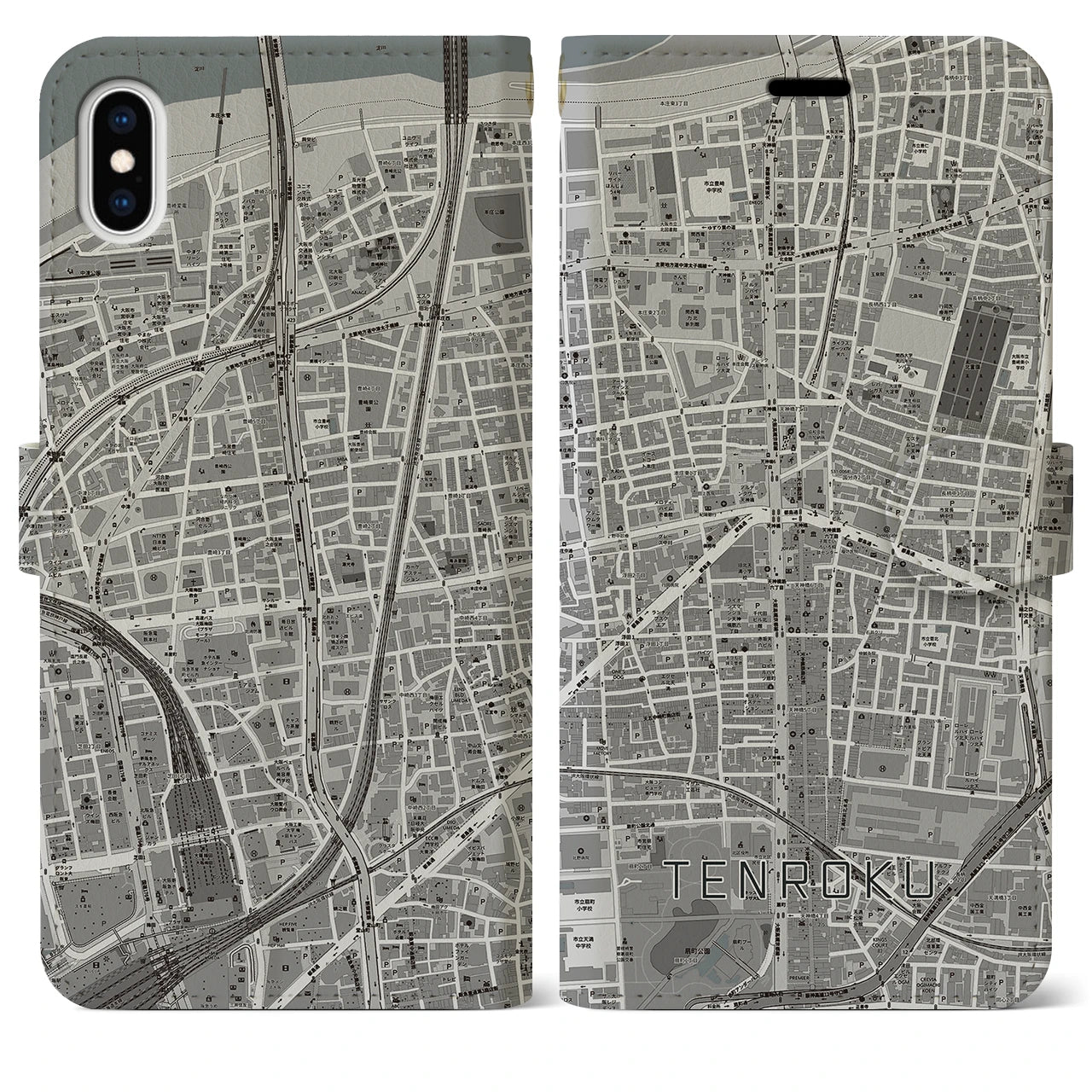 【天六(大阪府)】地図柄iPhoneケース(手帳タイプ)モノトーン・iPhone XS Max 用