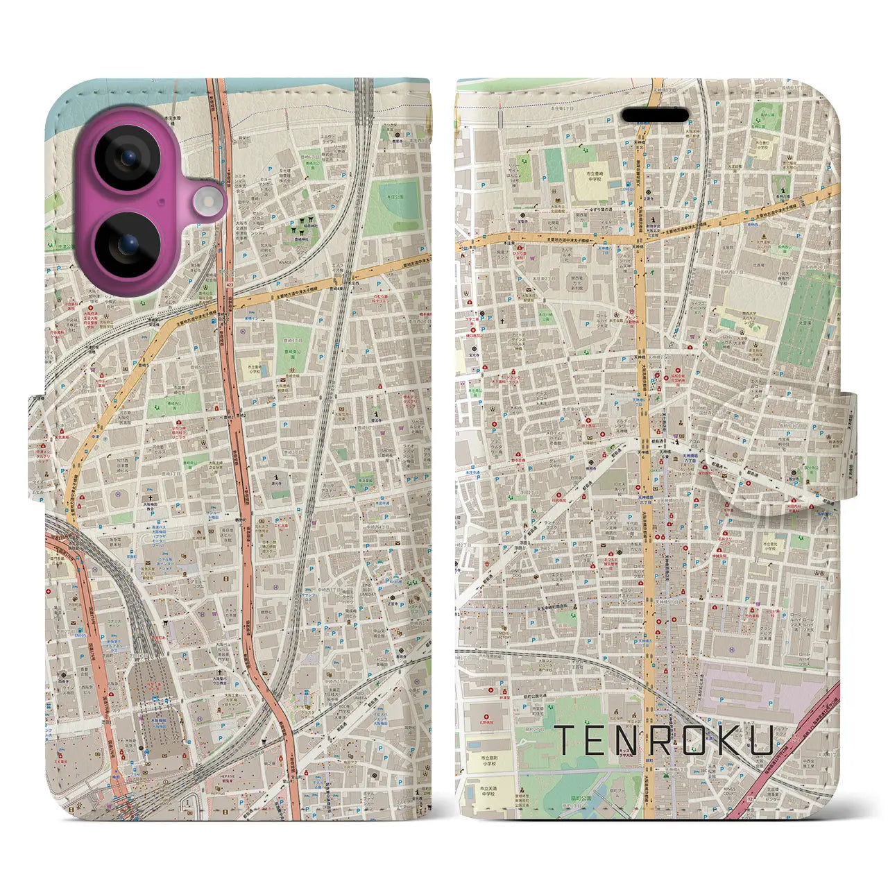 【天六(大阪府)】地図柄iPhoneケース(手帳タイプ)ナチュラル・iPhone 16 Pro 用