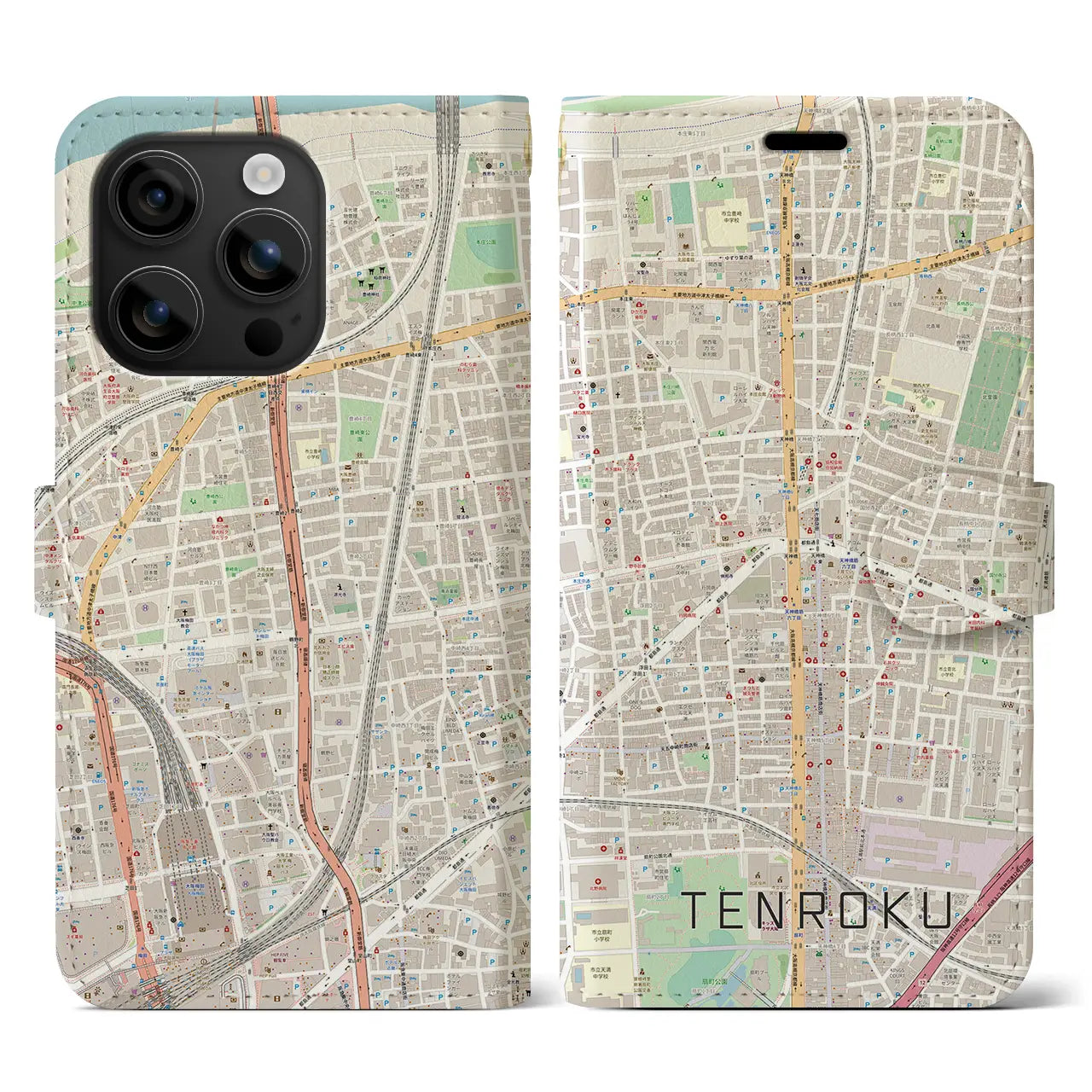 【天六(大阪府)】地図柄iPhoneケース(手帳タイプ)ナチュラル・iPhone 16 用