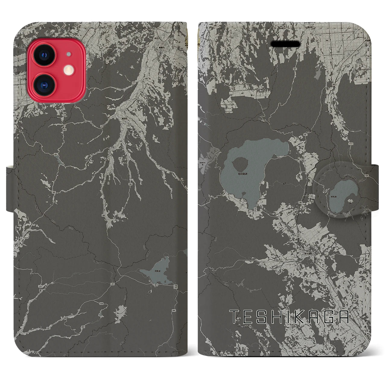 【弟子屈(北海道)】地図柄iPhoneケース(手帳タイプ)モノトーン・iPhone 11 用