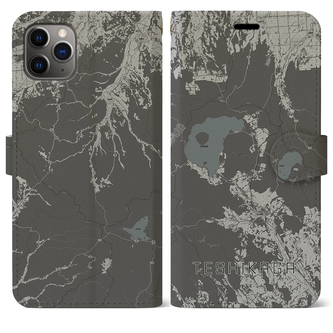 【弟子屈(北海道)】地図柄iPhoneケース(手帳タイプ)モノトーン・iPhone 11 Pro Max 用