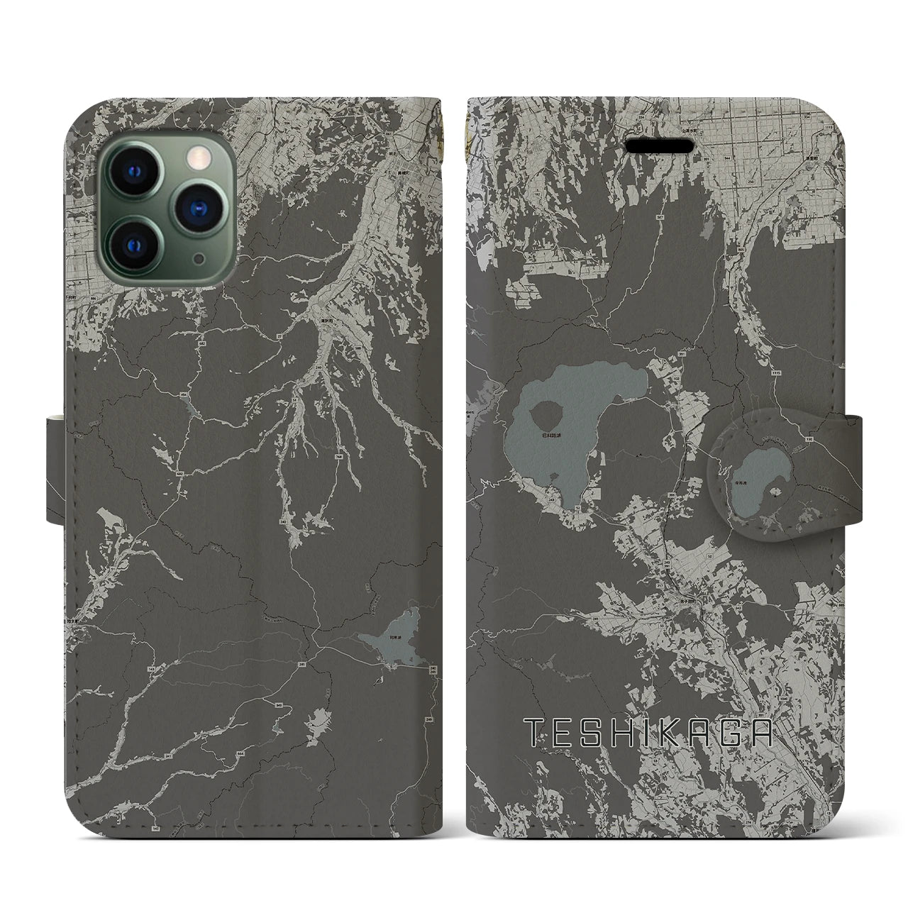 【弟子屈(北海道)】地図柄iPhoneケース(手帳タイプ)モノトーン・iPhone 11 Pro 用