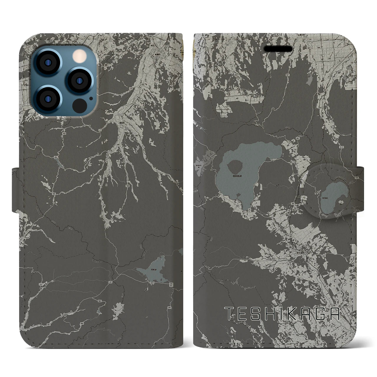 【弟子屈(北海道)】地図柄iPhoneケース(手帳タイプ)モノトーン・iPhone 12 / 12 Pro 用