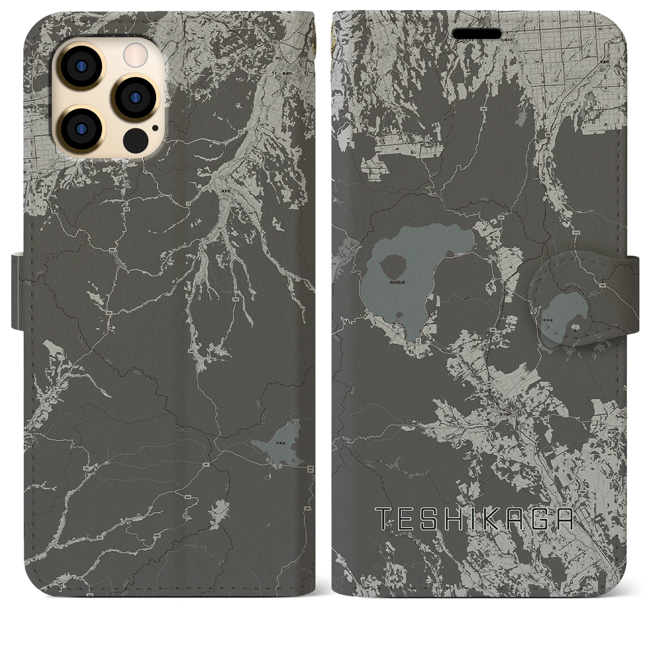 【弟子屈(北海道)】地図柄iPhoneケース(手帳タイプ)モノトーン・iPhone 12 Pro Max 用