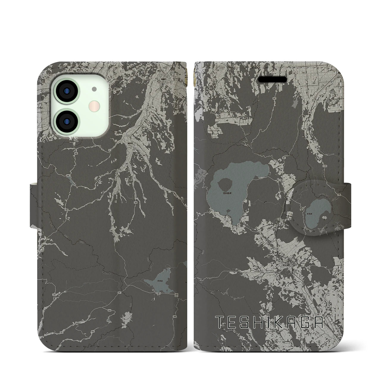 【弟子屈(北海道)】地図柄iPhoneケース(手帳タイプ)モノトーン・iPhone 12 mini 用
