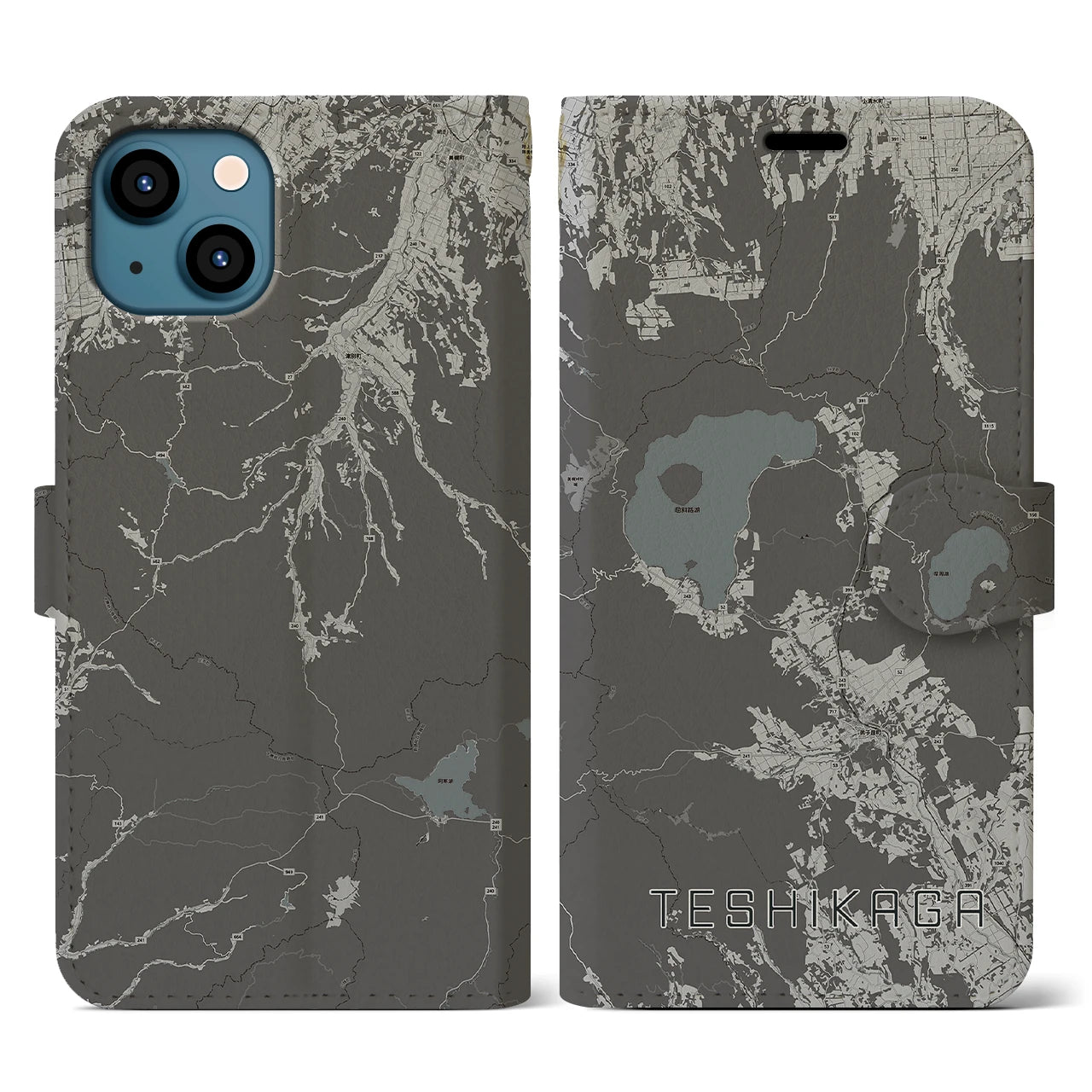 【弟子屈(北海道)】地図柄iPhoneケース(手帳タイプ)モノトーン・iPhone 13 用