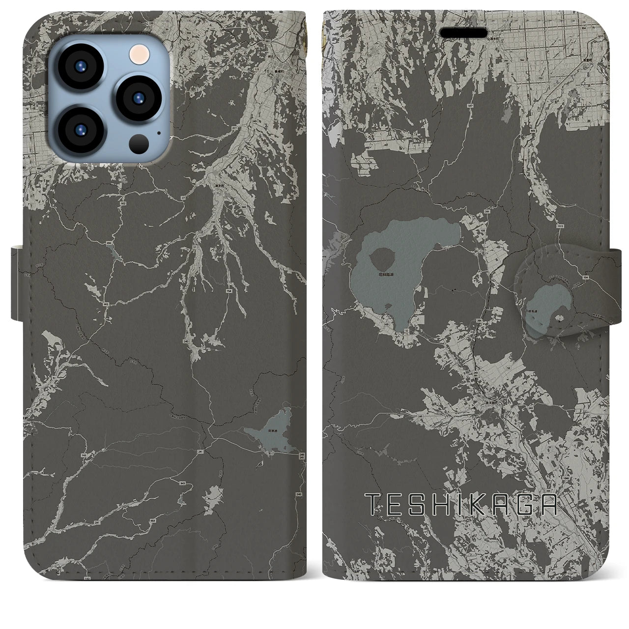 【弟子屈(北海道)】地図柄iPhoneケース(手帳タイプ)モノトーン・iPhone 13 Pro Max 用