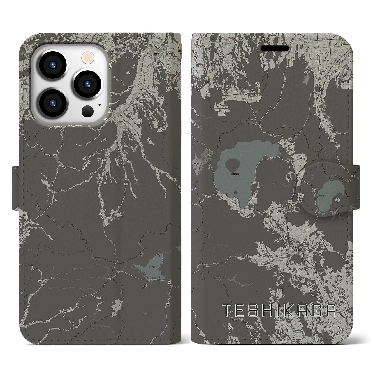 【弟子屈(北海道)】地図柄iPhoneケース(手帳タイプ)モノトーン・iPhone 13 Pro 用