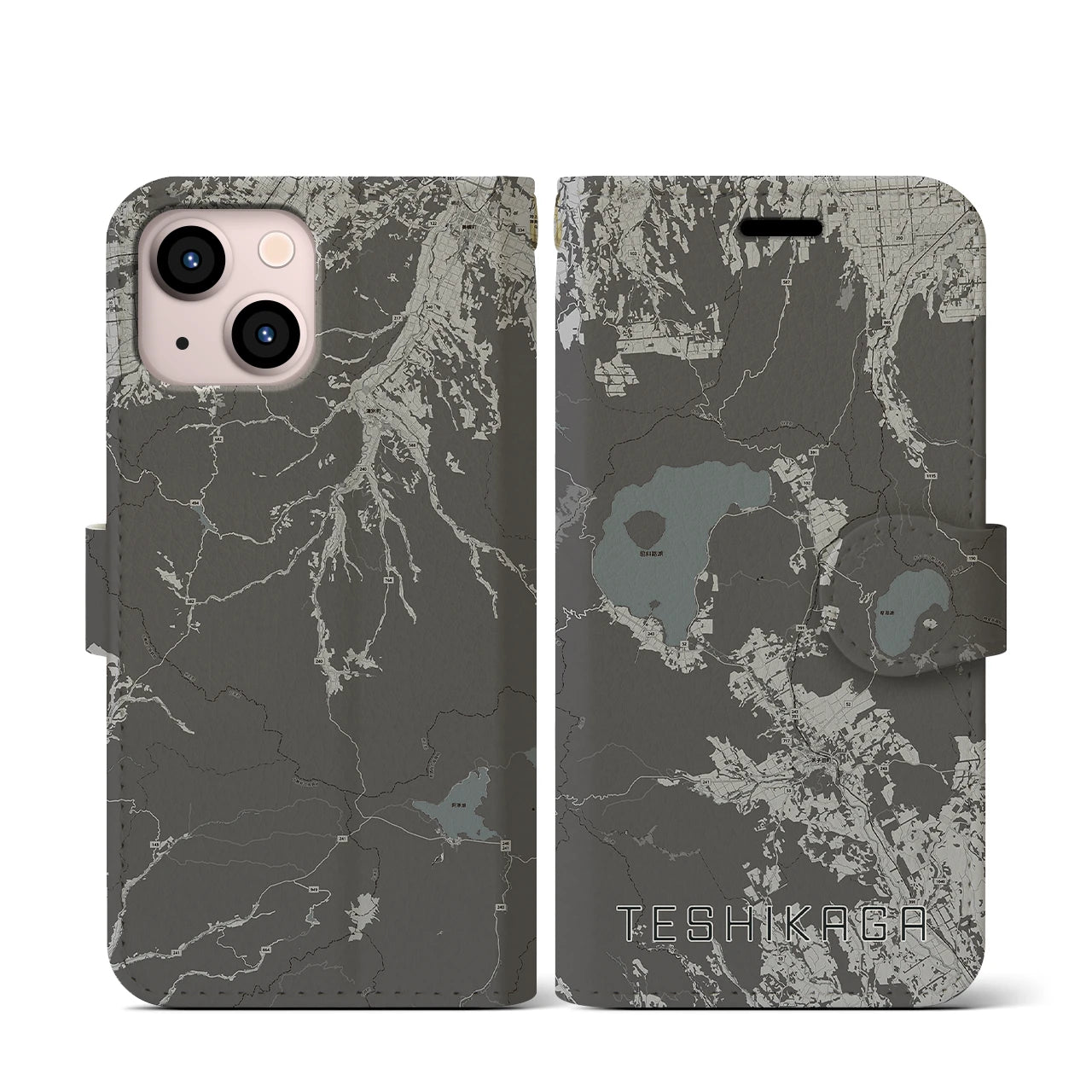 【弟子屈(北海道)】地図柄iPhoneケース(手帳タイプ)モノトーン・iPhone 13 mini 用