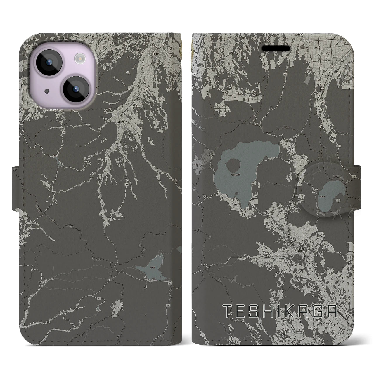 【弟子屈(北海道)】地図柄iPhoneケース(手帳タイプ)モノトーン・iPhone 14 用
