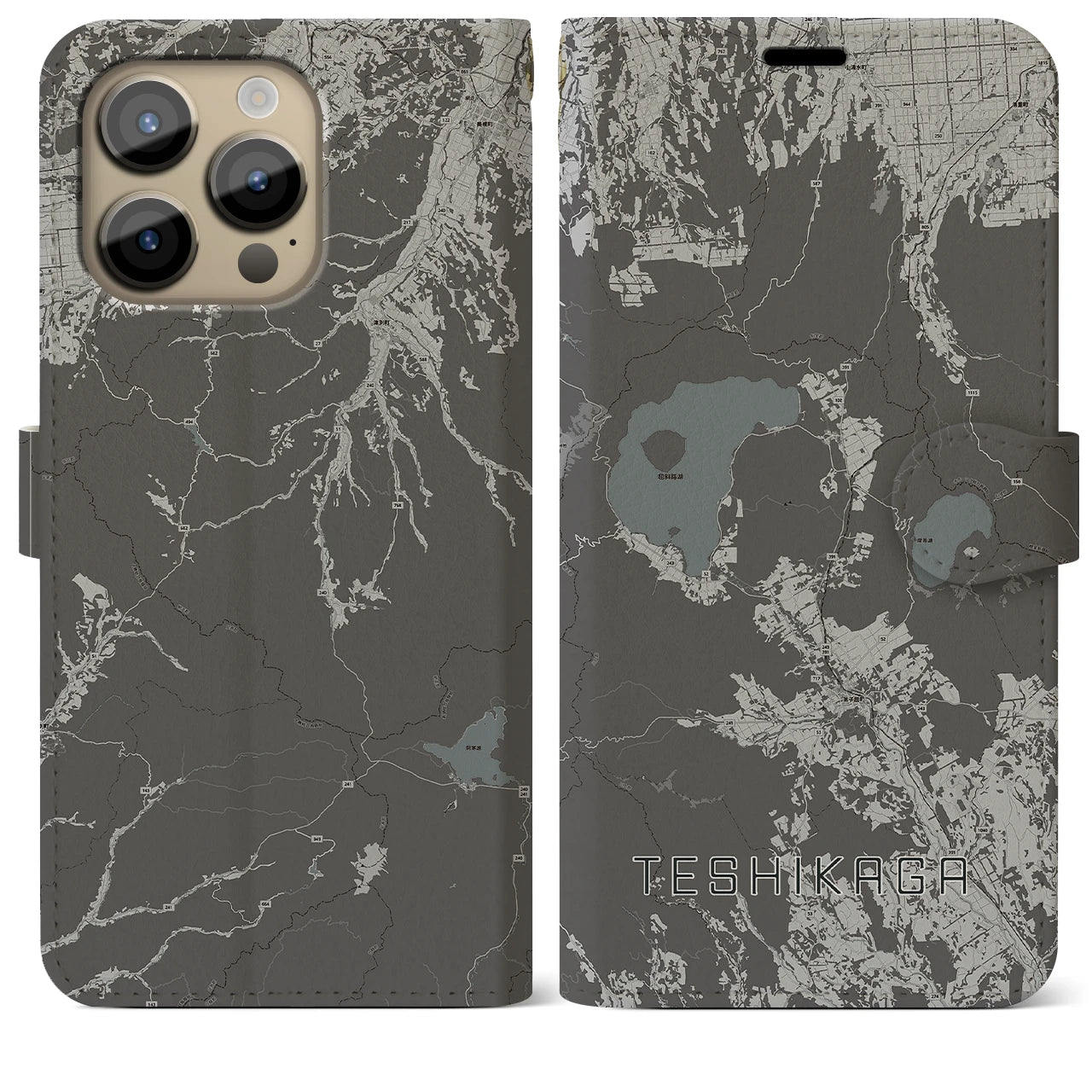 【弟子屈(北海道)】地図柄iPhoneケース(手帳タイプ)モノトーン・iPhone 14 Pro Max 用