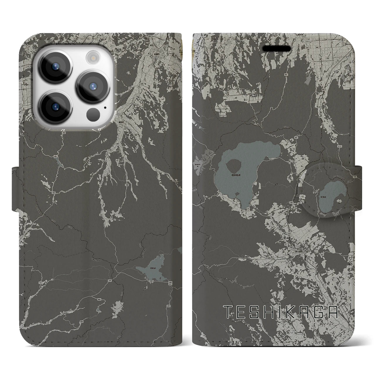 【弟子屈(北海道)】地図柄iPhoneケース(手帳タイプ)モノトーン・iPhone 14 Pro 用