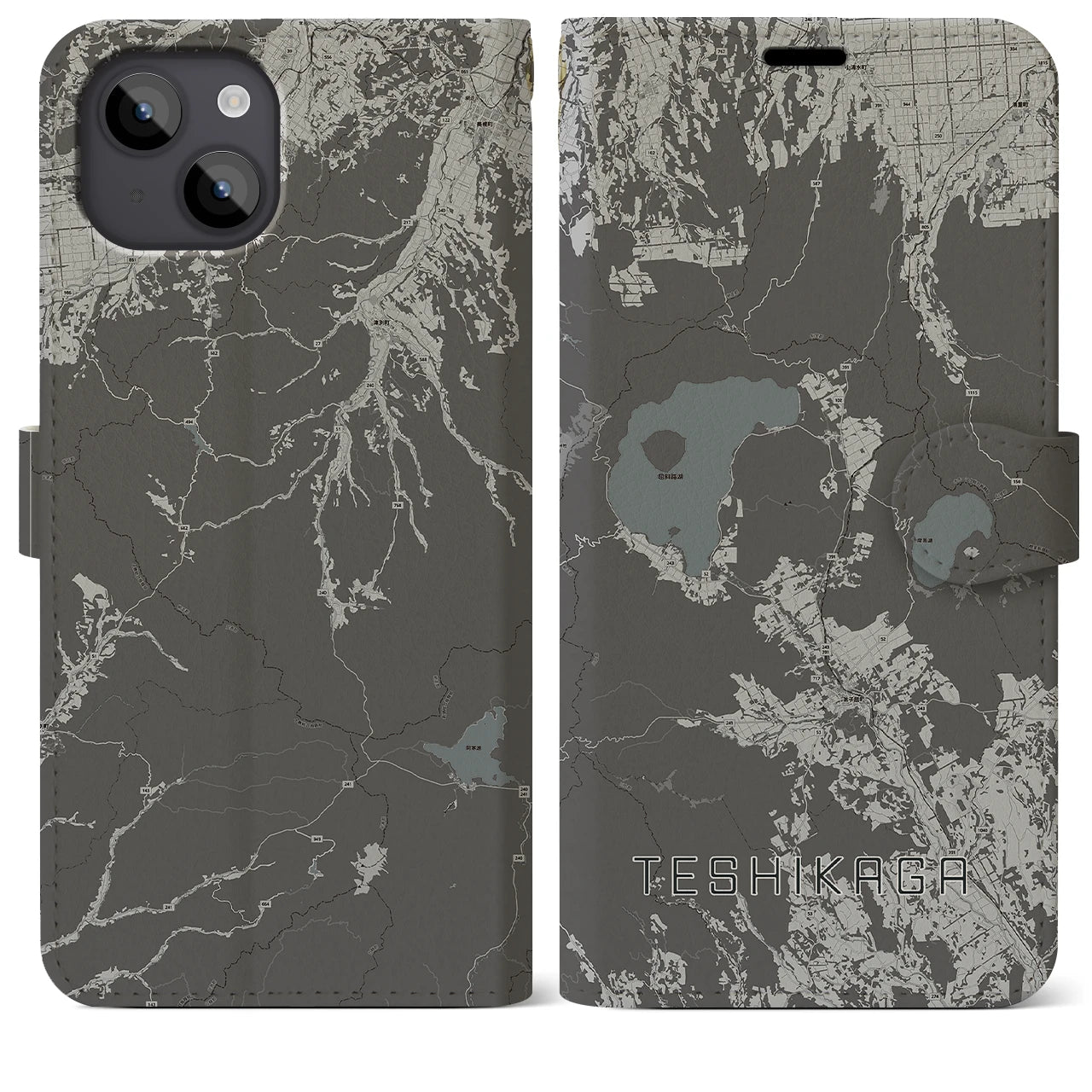 【弟子屈(北海道)】地図柄iPhoneケース(手帳タイプ)モノトーン・iPhone 14 Plus 用