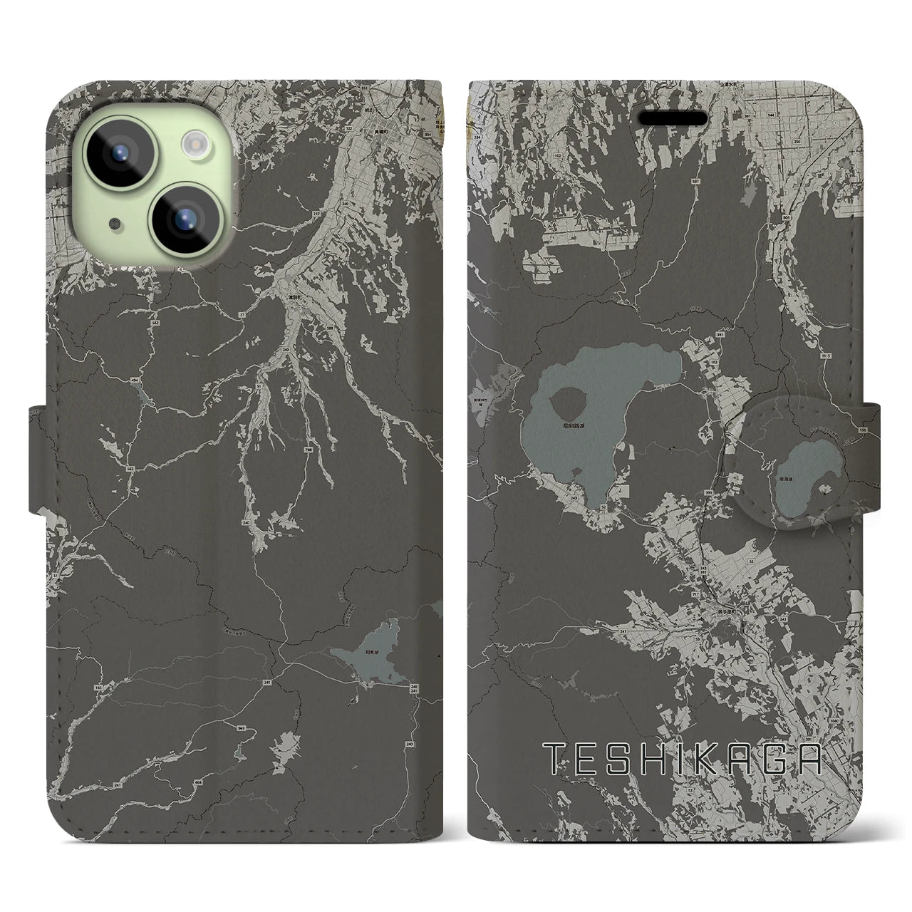 【弟子屈(北海道)】地図柄iPhoneケース(手帳タイプ)モノトーン・iPhone 15 用