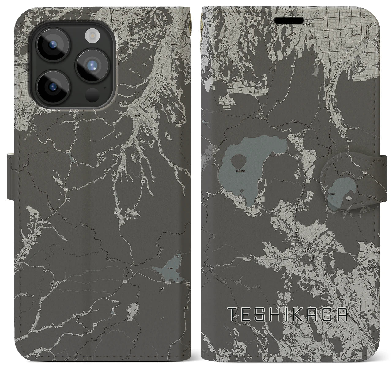 【弟子屈(北海道)】地図柄iPhoneケース(手帳タイプ)モノトーン・iPhone 15 Pro Max 用