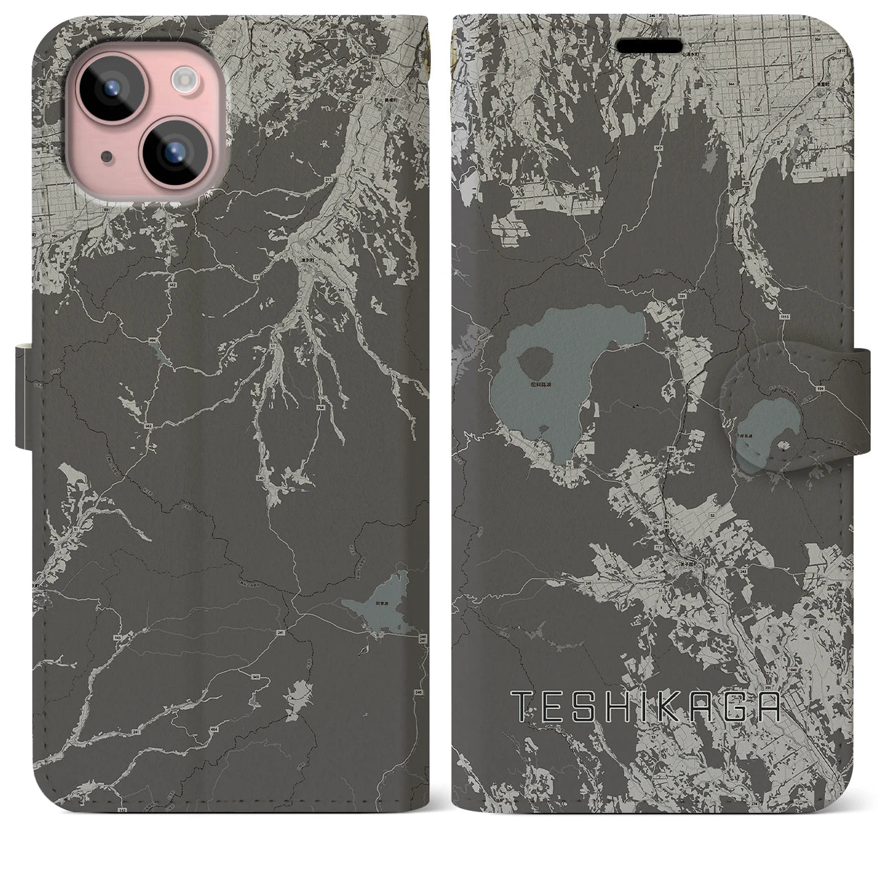 【弟子屈(北海道)】地図柄iPhoneケース(手帳タイプ)モノトーン・iPhone 15 Plus 用