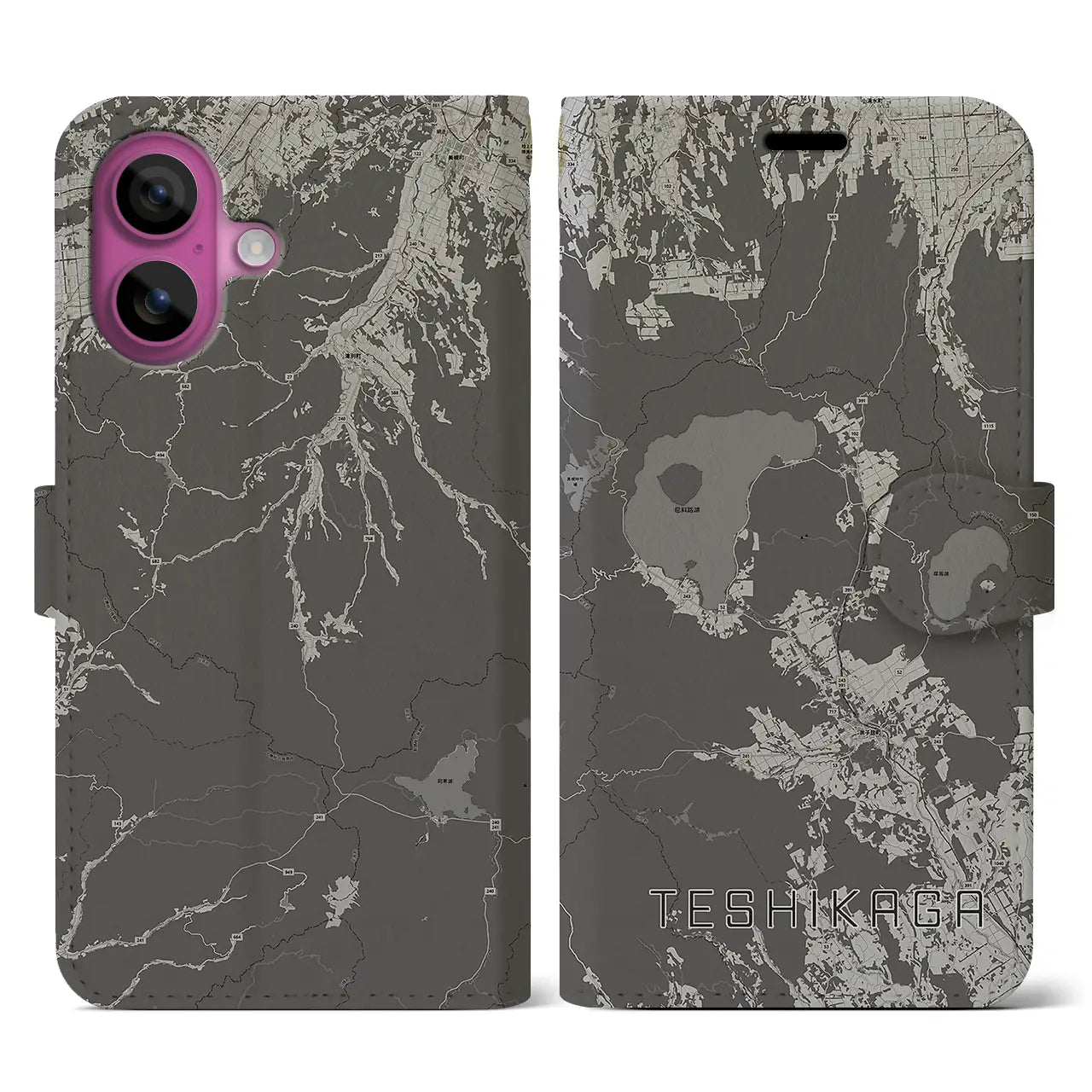 【弟子屈(北海道)】地図柄iPhoneケース(手帳タイプ)モノトーン・iPhone 16 Pro 用