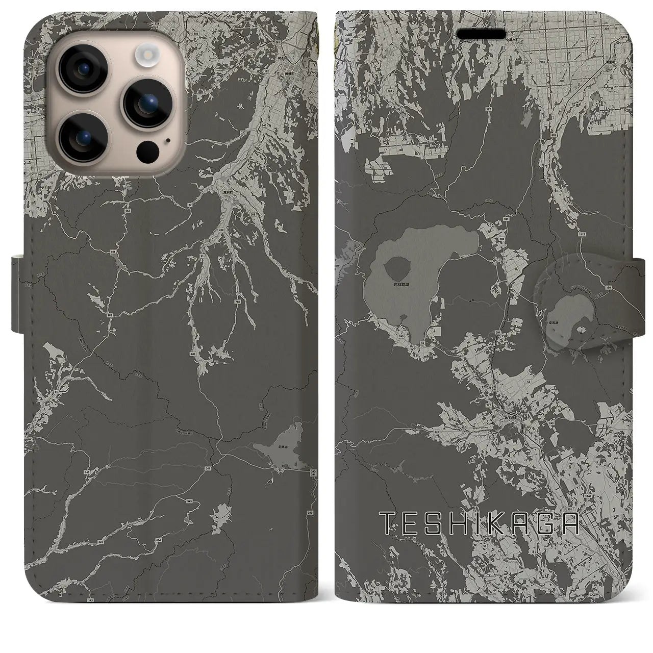 【弟子屈(北海道)】地図柄iPhoneケース(手帳タイプ)モノトーン・iPhone 16 Plus 用