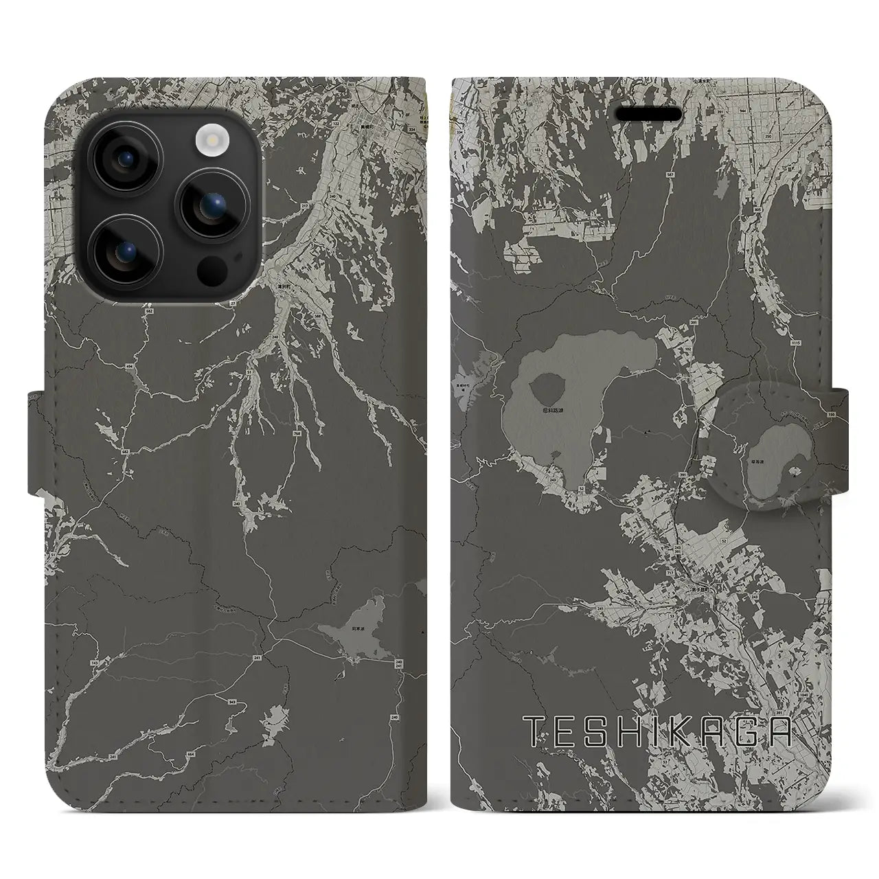 【弟子屈(北海道)】地図柄iPhoneケース(手帳タイプ)モノトーン・iPhone 16 用