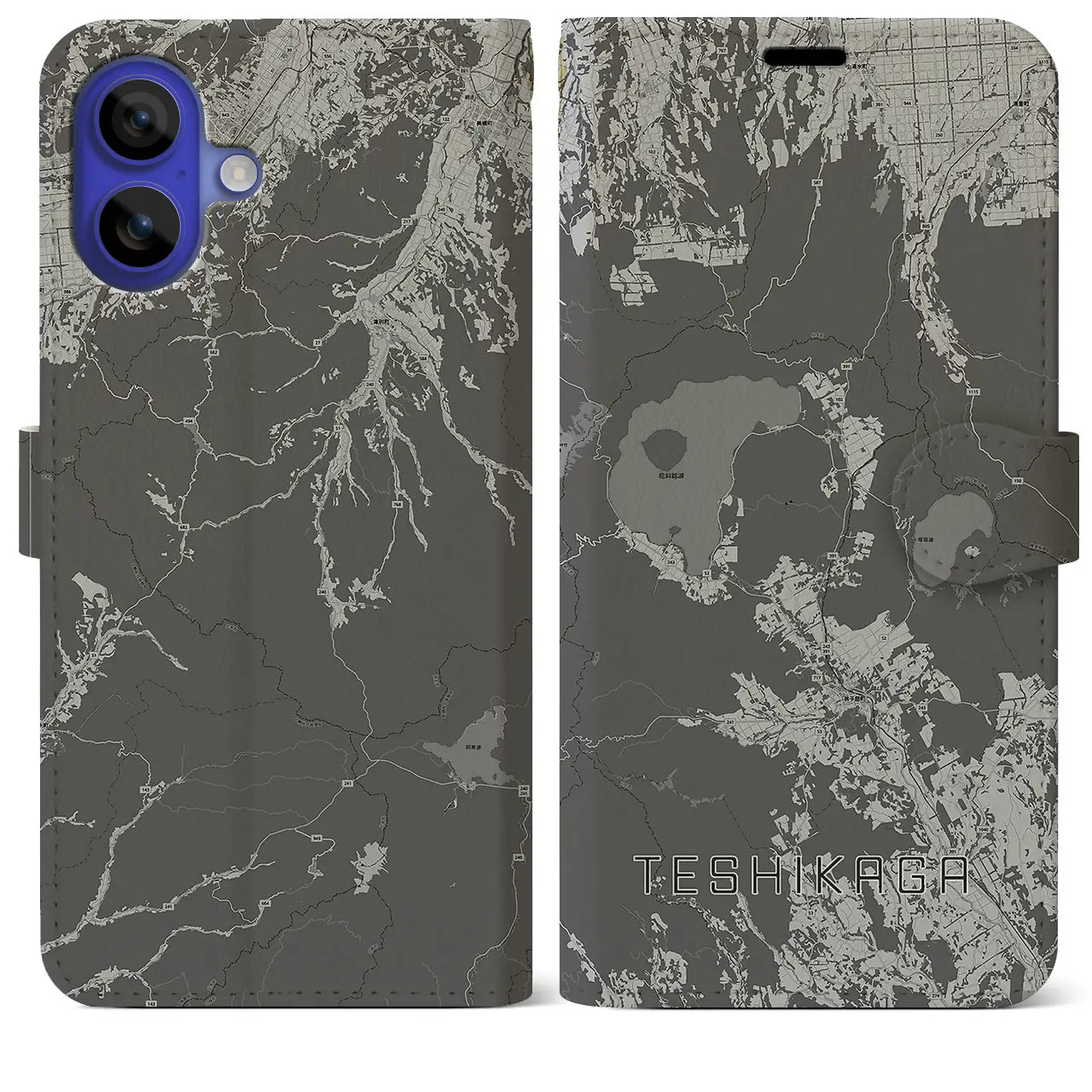 【弟子屈(北海道)】地図柄iPhoneケース(手帳タイプ)モノトーン・iPhone 16 Pro Max 用