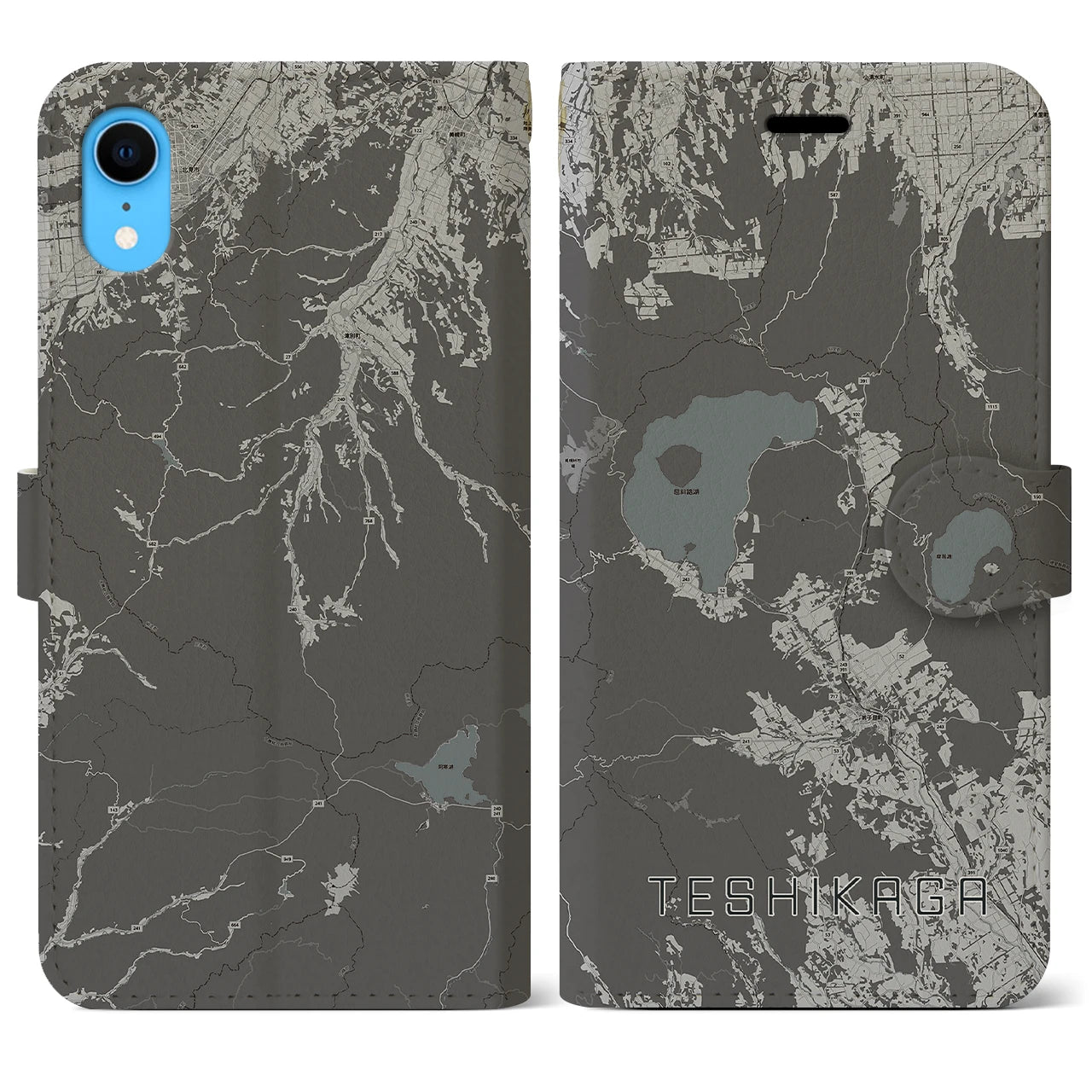 【弟子屈(北海道)】地図柄iPhoneケース(手帳タイプ)モノトーン・iPhone XR 用