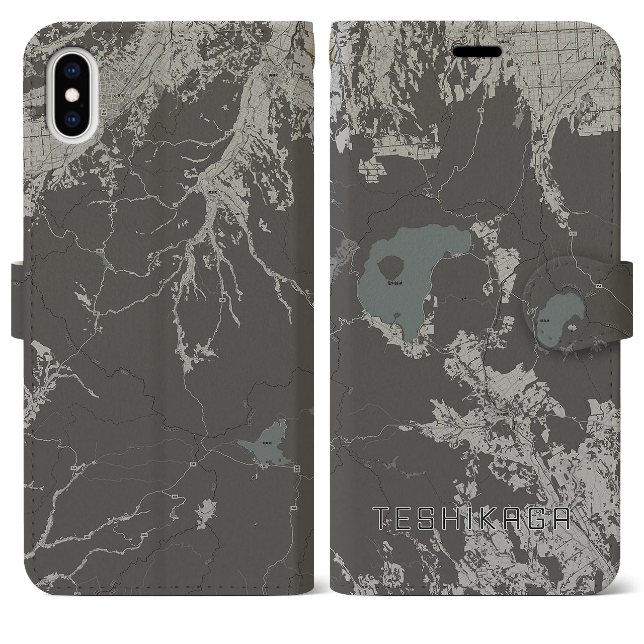 【弟子屈(北海道)】地図柄iPhoneケース(手帳タイプ)モノトーン・iPhone XS Max 用