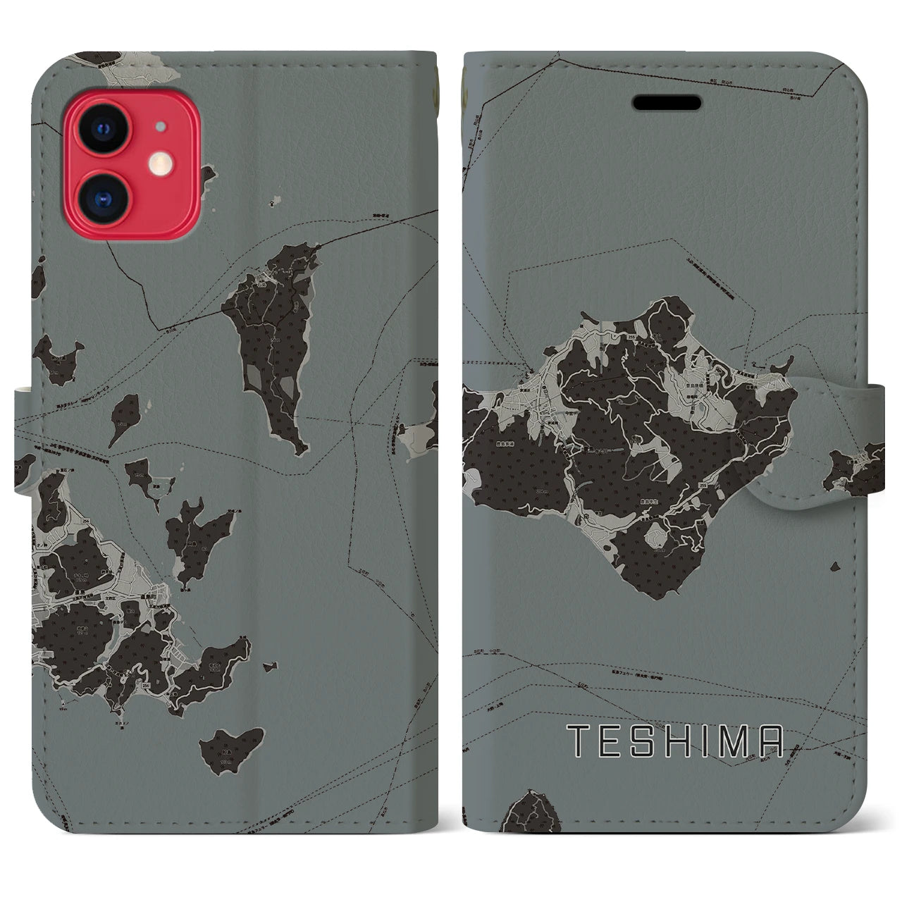 【豊島(香川県)】地図柄iPhoneケース(手帳タイプ)モノトーン・iPhone 11 用