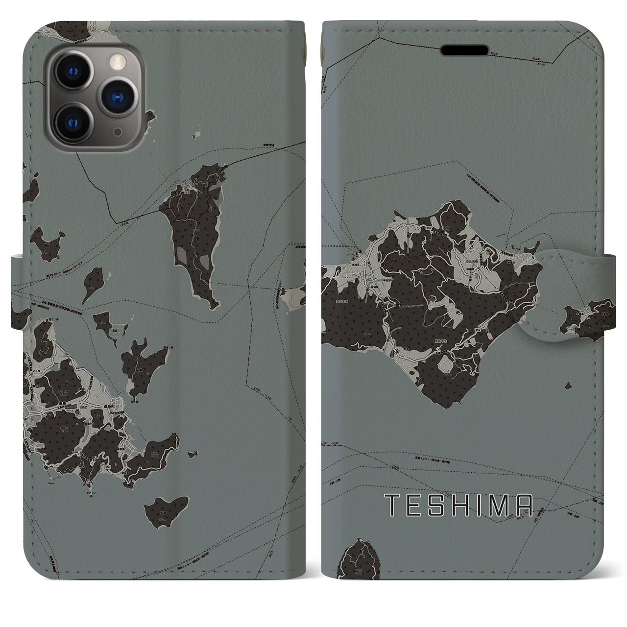 【豊島(香川県)】地図柄iPhoneケース(手帳タイプ)モノトーン・iPhone 11 Pro Max 用