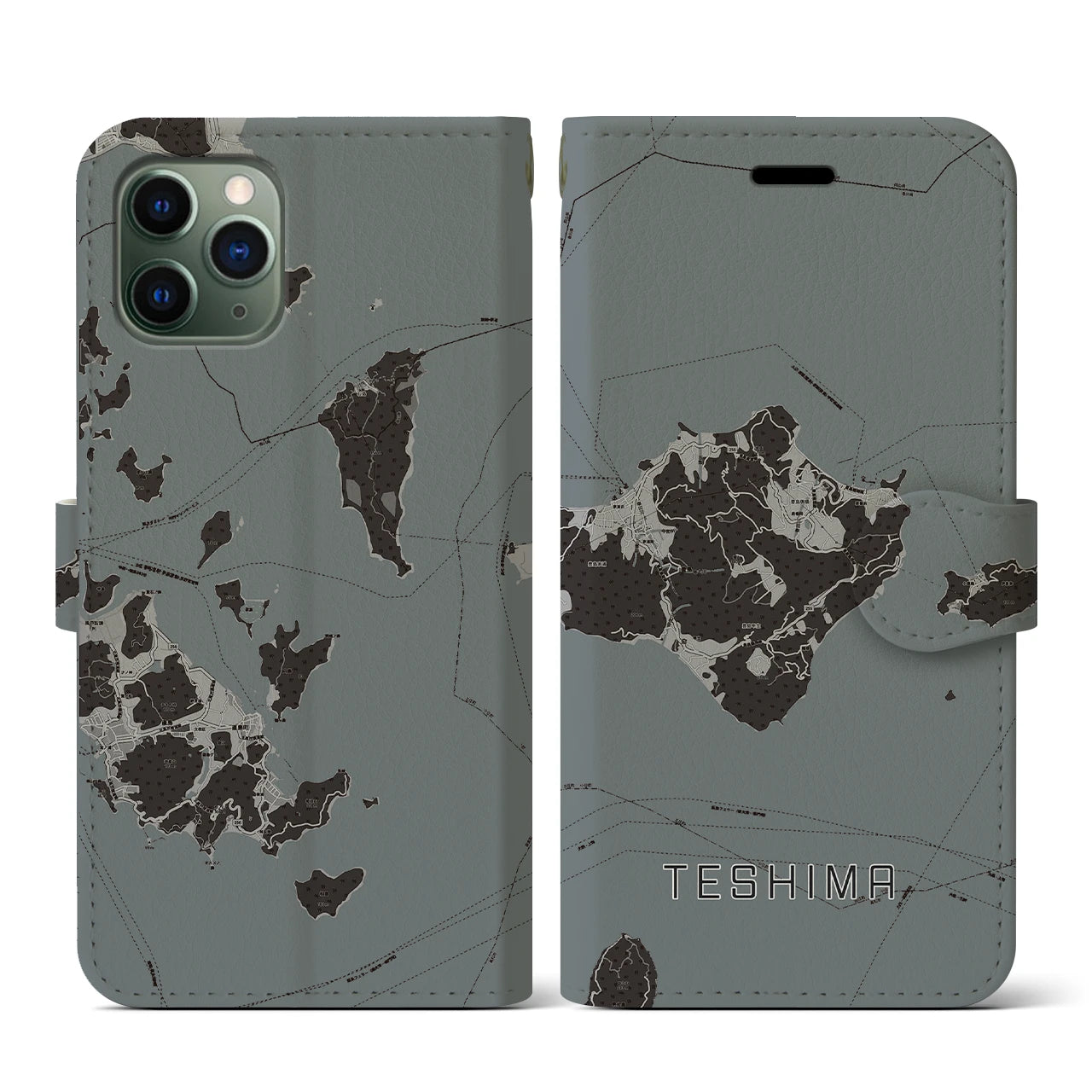 【豊島(香川県)】地図柄iPhoneケース(手帳タイプ)モノトーン・iPhone 11 Pro 用