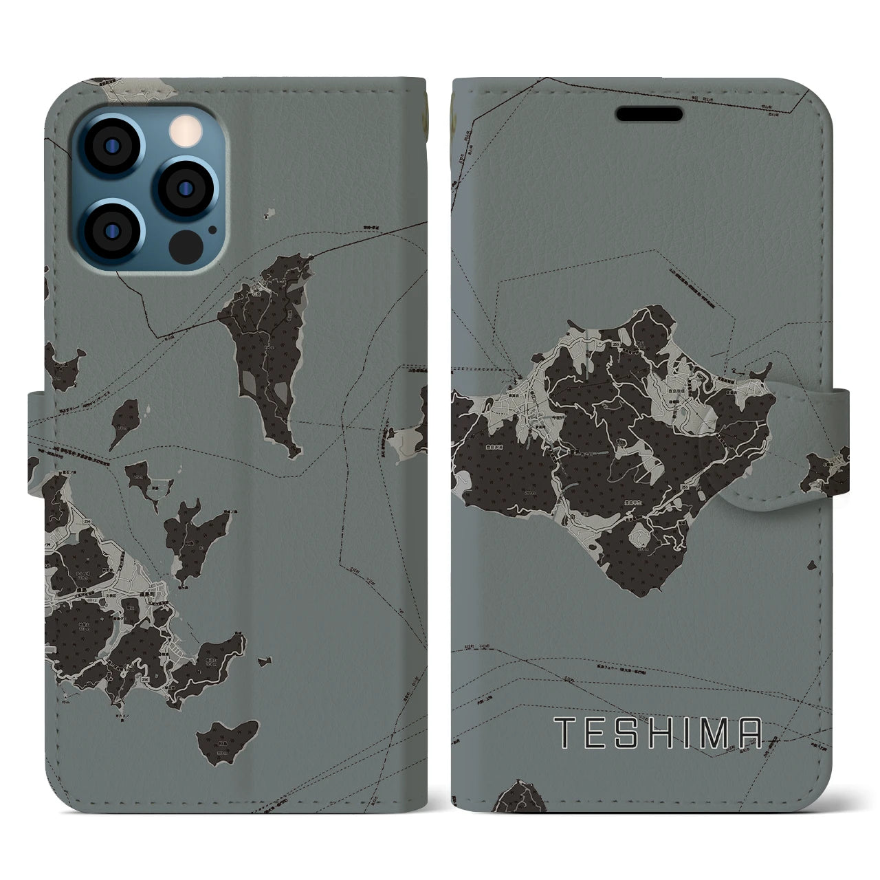 【豊島(香川県)】地図柄iPhoneケース(手帳タイプ)モノトーン・iPhone 12 / 12 Pro 用