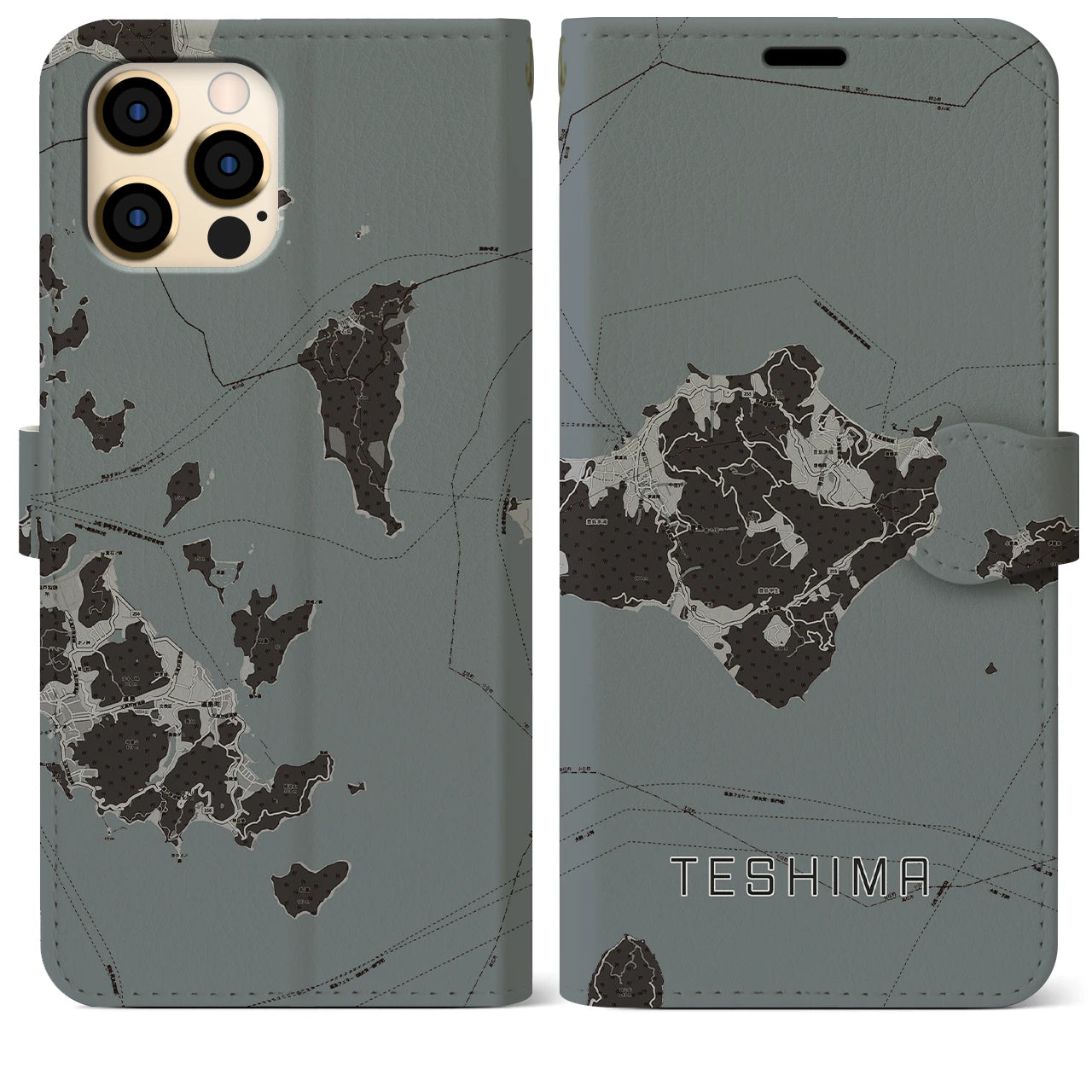 【豊島(香川県)】地図柄iPhoneケース(手帳タイプ)モノトーン・iPhone 12 Pro Max 用