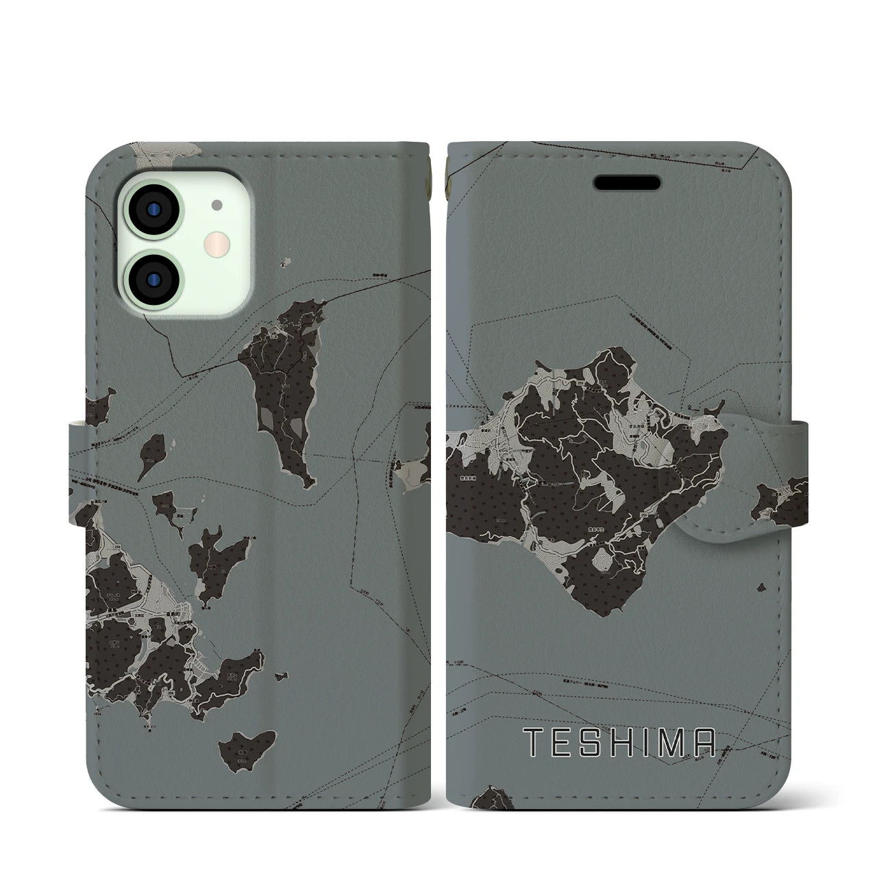 【豊島(香川県)】地図柄iPhoneケース(手帳タイプ)モノトーン・iPhone 12 mini 用