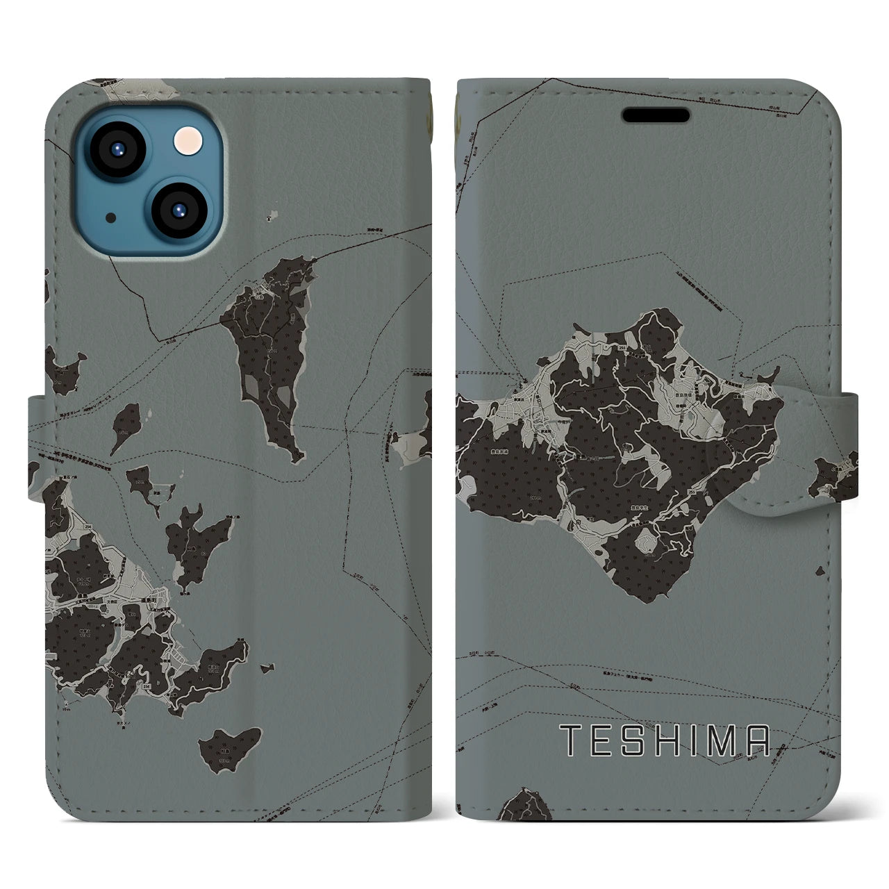 【豊島(香川県)】地図柄iPhoneケース(手帳タイプ)モノトーン・iPhone 13 用