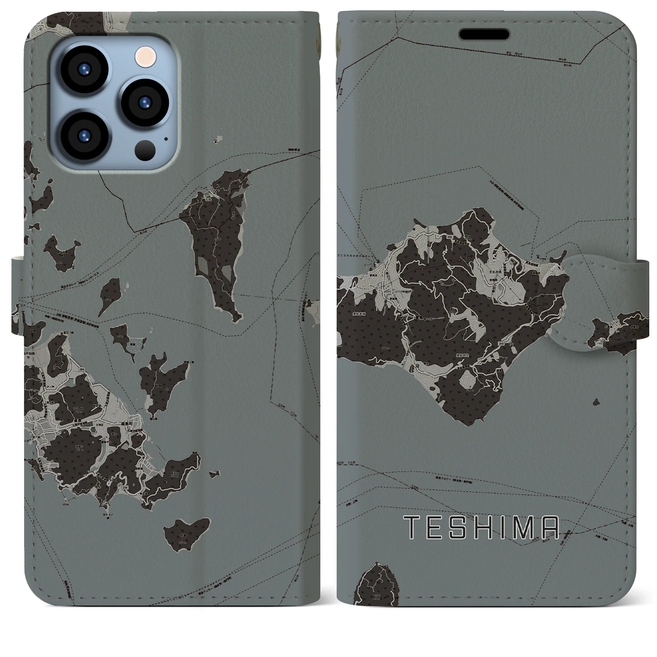 【豊島(香川県)】地図柄iPhoneケース(手帳タイプ)モノトーン・iPhone 13 Pro Max 用