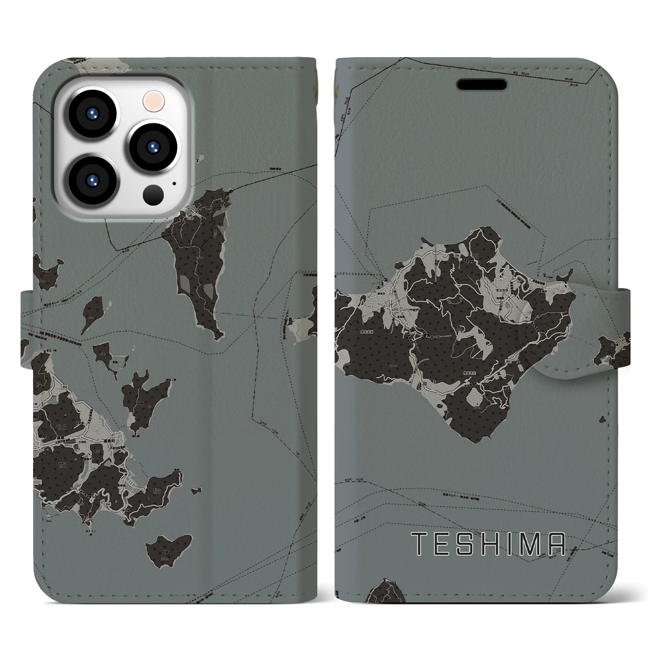 【豊島(香川県)】地図柄iPhoneケース(手帳タイプ)モノトーン・iPhone 13 Pro 用