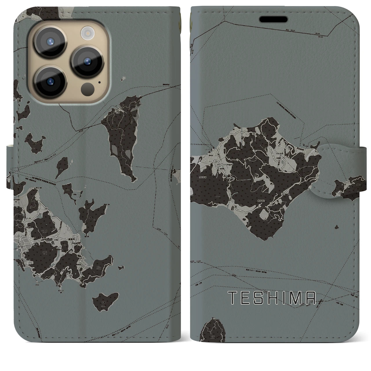 【豊島(香川県)】地図柄iPhoneケース(手帳タイプ)モノトーン・iPhone 14 Pro Max 用