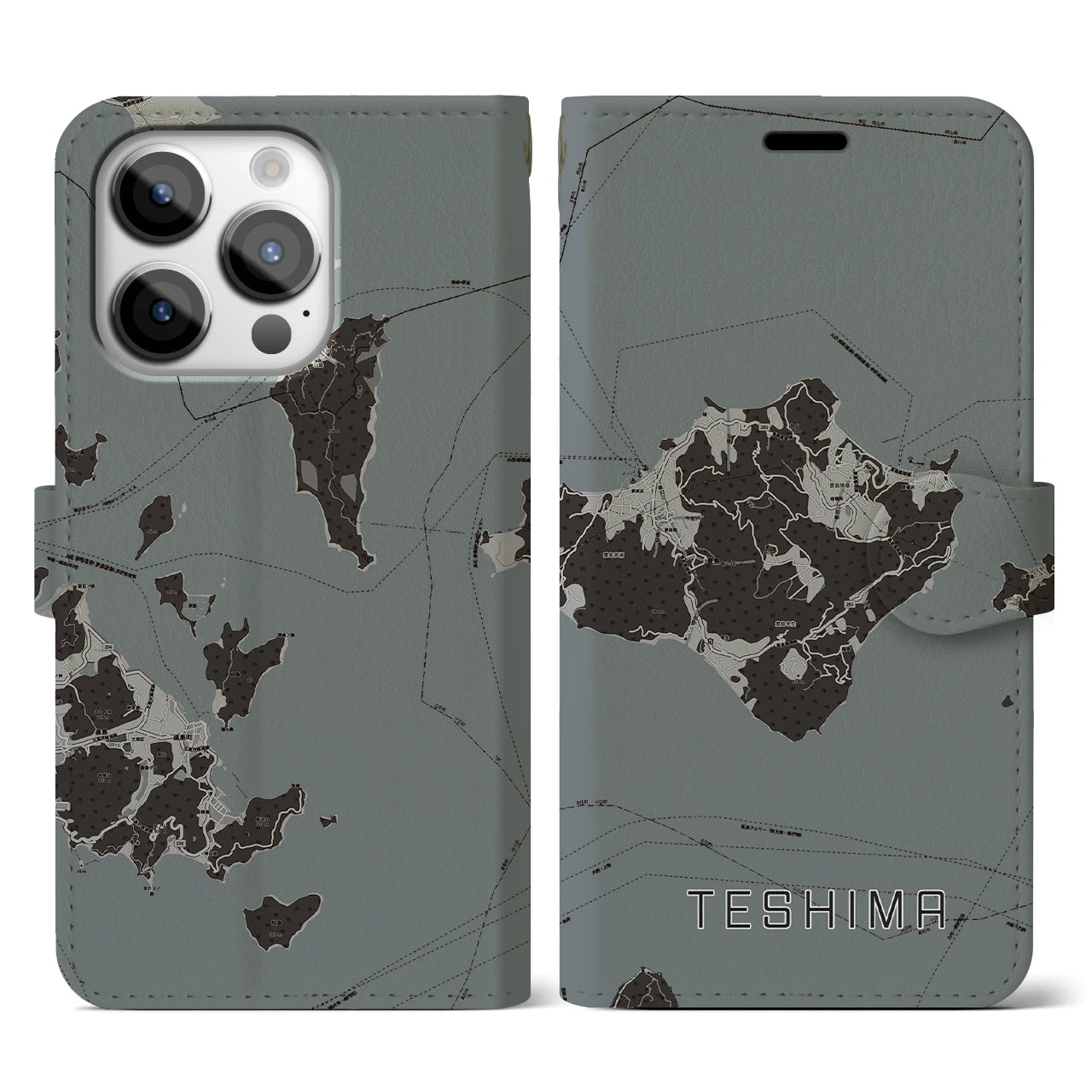 【豊島(香川県)】地図柄iPhoneケース(手帳タイプ)モノトーン・iPhone 14 Pro 用