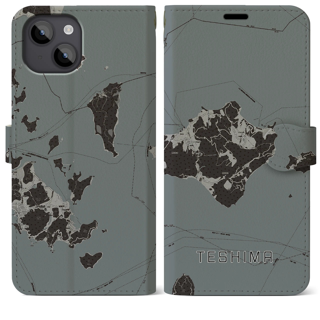 【豊島(香川県)】地図柄iPhoneケース(手帳タイプ)モノトーン・iPhone 14 Plus 用