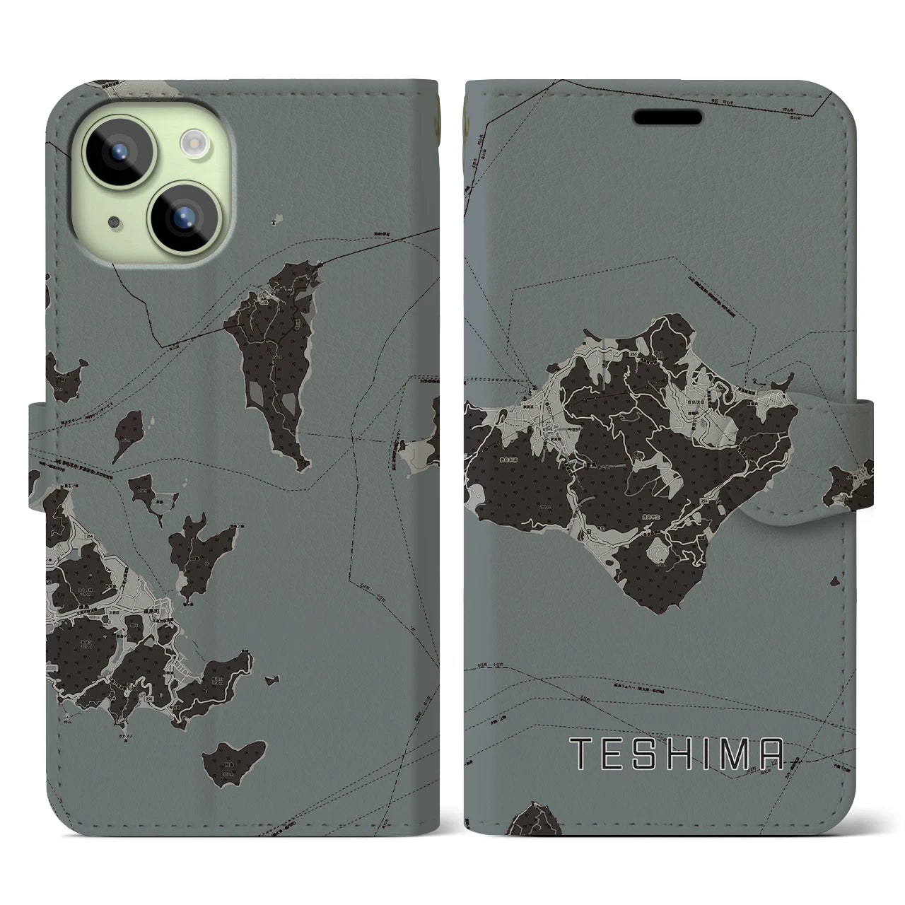 【豊島(香川県)】地図柄iPhoneケース(手帳タイプ)モノトーン・iPhone 15 用