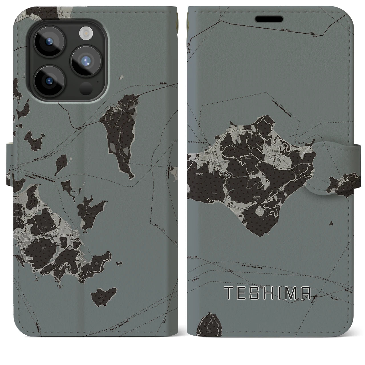 【豊島(香川県)】地図柄iPhoneケース(手帳タイプ)モノトーン・iPhone 15 Pro Max 用