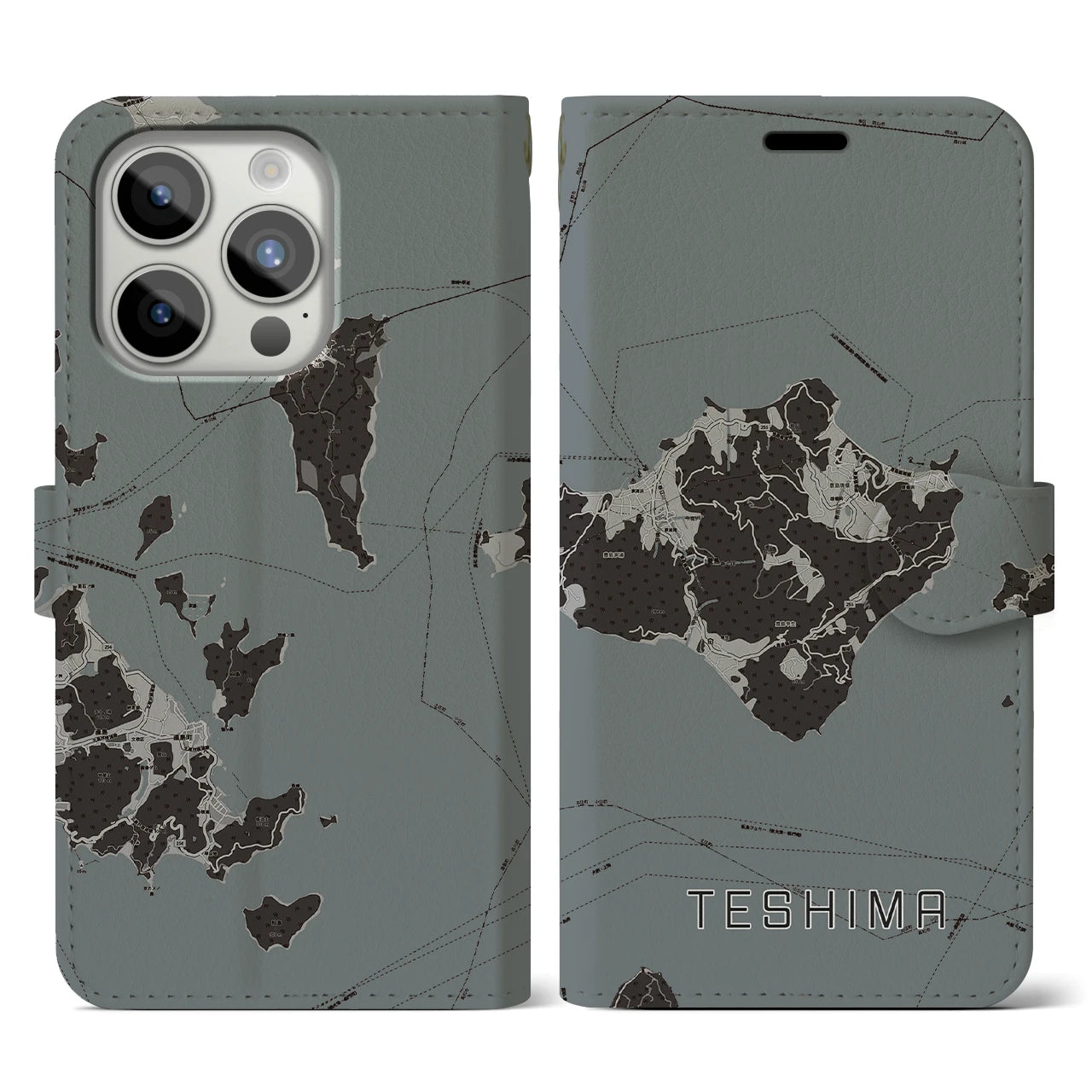 【豊島(香川県)】地図柄iPhoneケース(手帳タイプ)モノトーン・iPhone 15 Pro 用